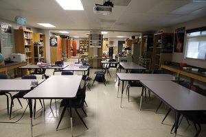 Richard Taylor’s physics classroom is temporarily in Science Portable #1. Photo by Emily Yeh