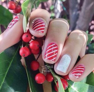 SEASONAL NAILS Shams paints nails with a candy-cane twist. PHOTO PROVIDED BY SABAH SHAMS