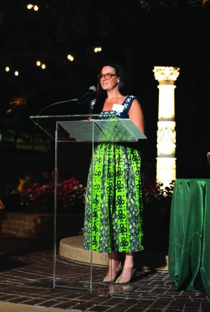 Dr. Laura Leathers speaks at a Hockaday evening event. 