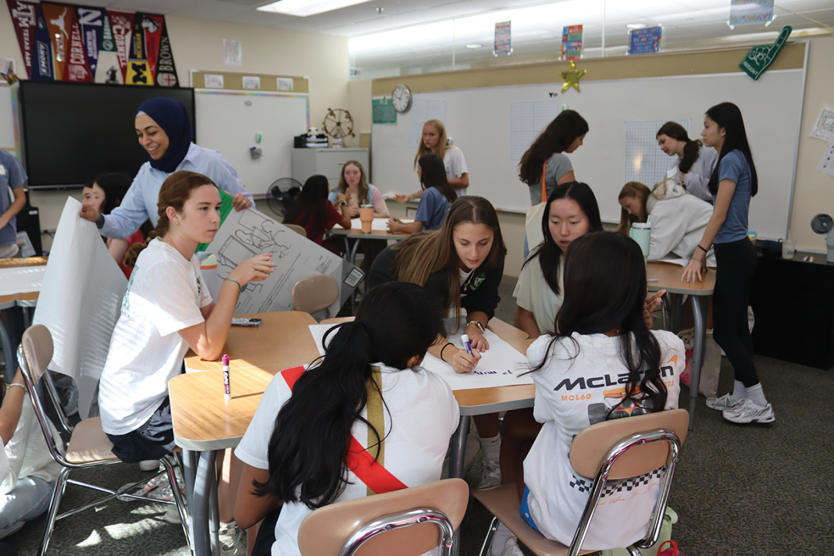 Lilianne Jones helps Iliana Lega write a list of time management skills for a group brainstorming session during freshman orientation. “I was a little apprehensive because this is my first year at Hockaday, but everyone was super welcoming and it was a really fun experience,” Jones said.