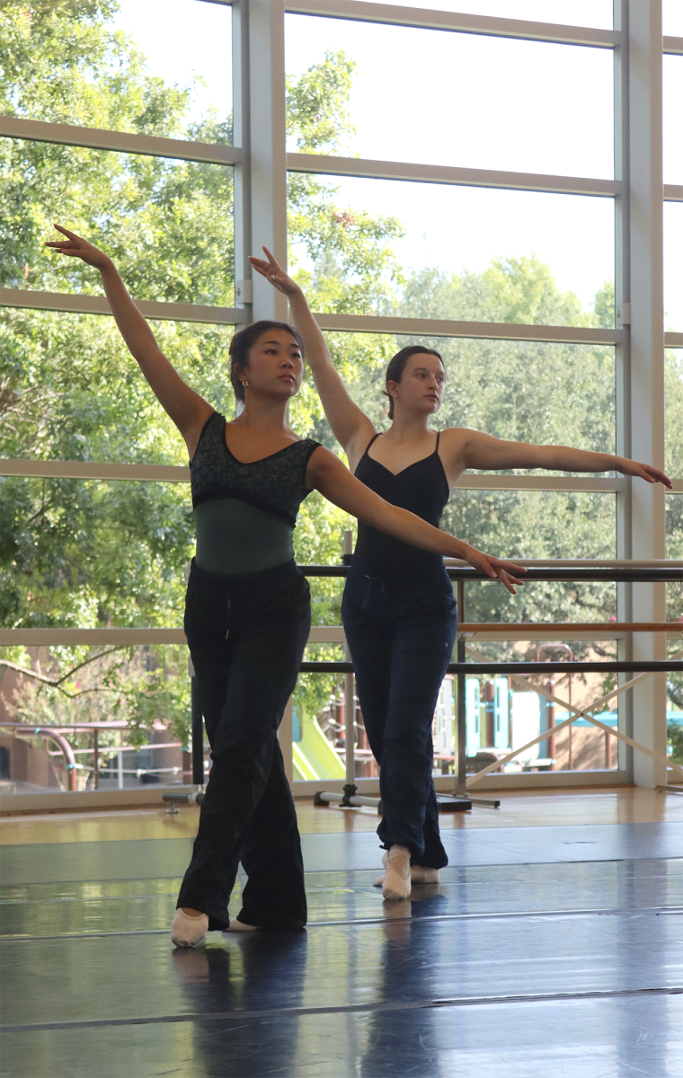 Dance Theater seniors Megan Li and Ava Ortega practice their group dance 