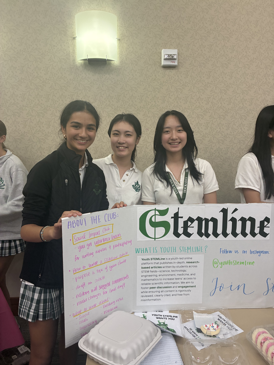 Youth Stemline founders Paliwal '28 (left), Yuan '28 (middle) and Mao '28 (right) pose at the club fair.